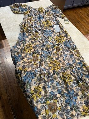 Taylor Floral Off-Shoulder Maxi Dress in Blue, Yellow, Brown